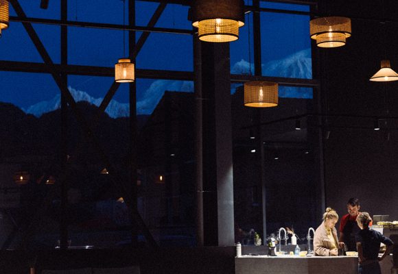 brewery interior with swiss alps in background