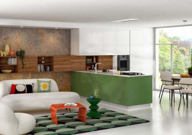 La tendance seventies s'installe grâce à la couleur, ici en vert et orange. Voir aussi le modèle Élisabeth qui met en scène la tendance 'color block', vitaminée et conviviale, pour réveiller l'ambiance avec du rouge carmin, du bleu Klein et du bois ; et le modèle Arty, à l'allure électrique et hypnotique.