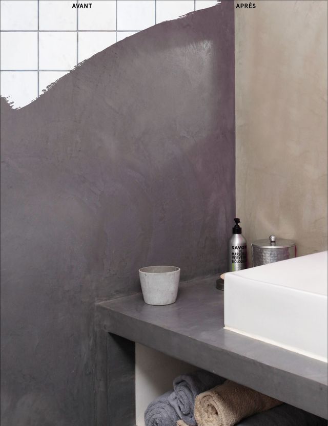 L'enduit pour carrelage de mur et plan de travail ne doit pas être confondu avec la peinture pour carrelage de salle de bain. L'aspect final devient complètement lisse ( ici aspect béton ciré) contrairement aux peintures qui conservent l'aspect d'origine. Masque sans sous couche : Masqu'carrelage de Maison Déco. 39,90 euros environ pour 5 m2.