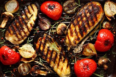 overhead shot of grilled vegetables on grill